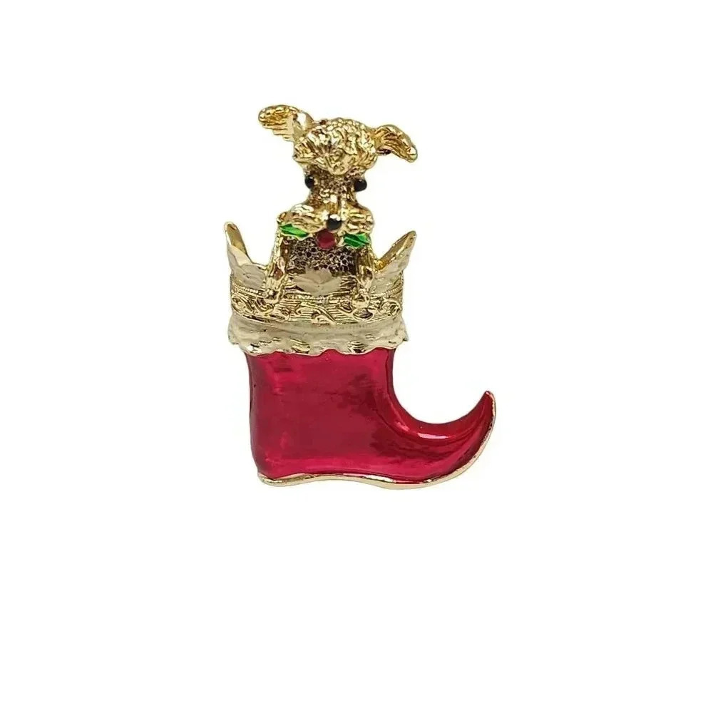 Gerrys Red Enamel Christmas Stocking with Poodle Brooch Pin Gold Tone Vintage